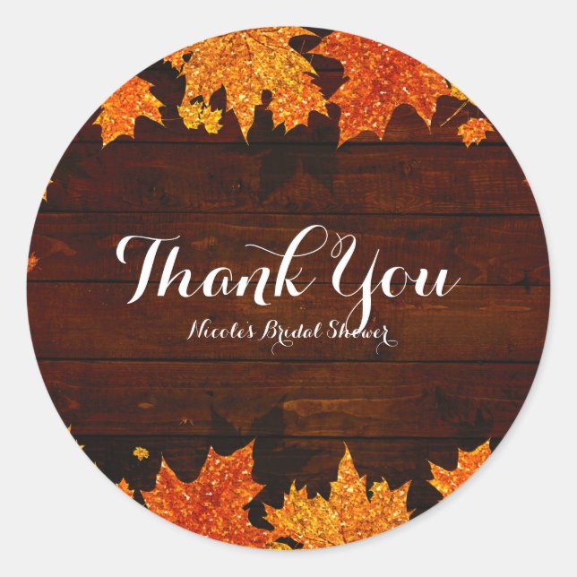 Autumn Falling Glittery Leaves Rustic Glam Favour Classic Round Sticker (Front)