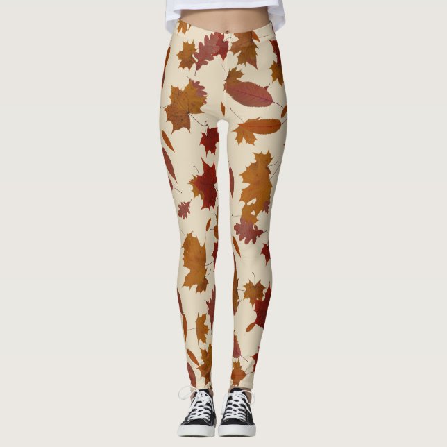 Autumn Falling Leaves on Custom Cream Leggings (Front)
