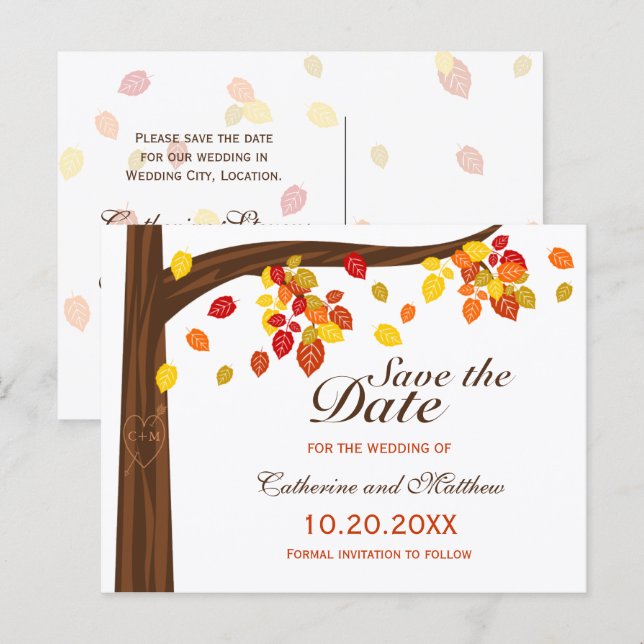 Autumn Falling Leaves Wedding Save The Date Announcement Postcard (Front/Back)