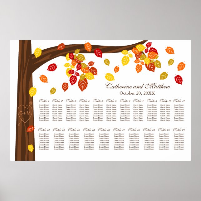 Autumn Falling Leaves Wedding Seating Chart (Front)