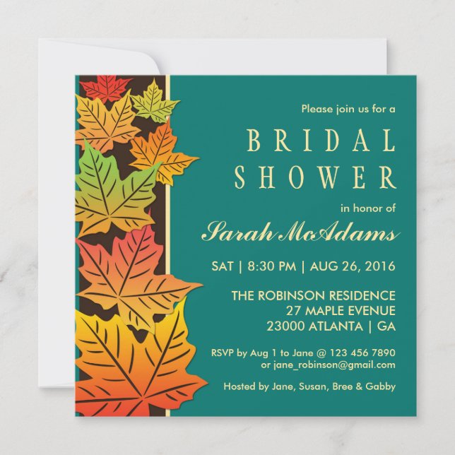 Autumn Falling Maple Leaf Wedding Invitation Teal (Front)