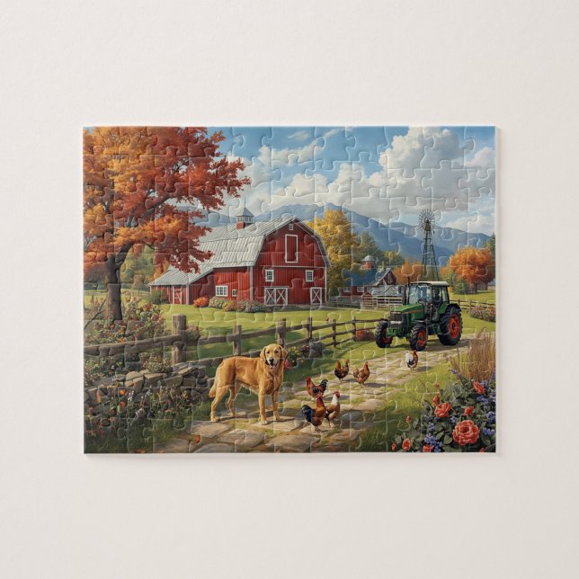Autumn Farm Dog Tractor Red Barn Fall Scene Jigsaw Puzzle (Horizontal)