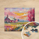 Autumn Farm Landscape Modern Abstract Art Jigsaw Puzzle<br><div class="desc">A vibrant modern abstract landscape painting of a farmhouse in autumn, featuring warm hues of orange, pink, and gold with expressive abstract brushstrokes. The dynamic composition captures the beauty of fall, evoking the serenity of a countryside scene. The bold colours and fluid brushwork create a sense of movement and energy,...</div>