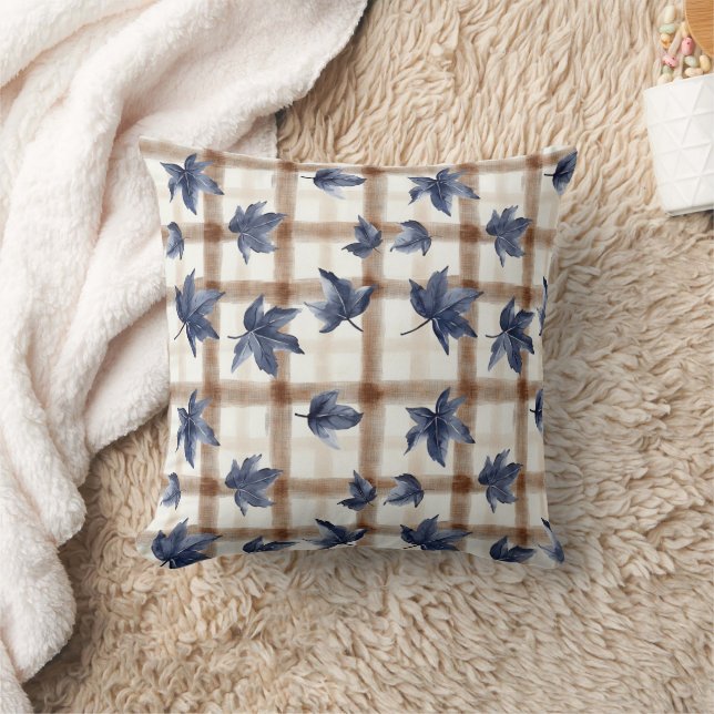 Autumn Farmhouse Plaid Leaves Porch Pillow (Blanket)