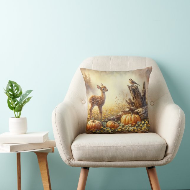 Autumn Fawn and Bird In a Pumpkin Patch Throw Pillow (Chair)