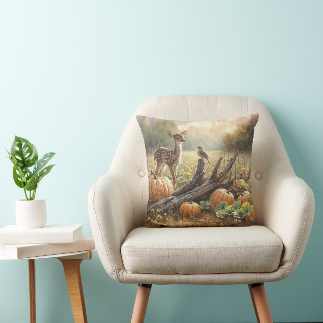 Autumn Fawn In a Pumpkin Patch Throw Pillow (Chair)