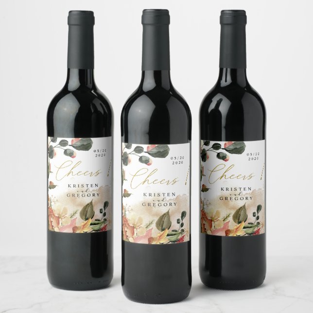 autumn feel elegant floral cheers wedding wine label (Bottles)
