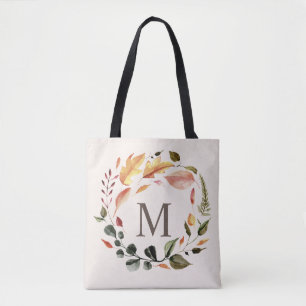 autumn feel elegant wreath monogram tote bag