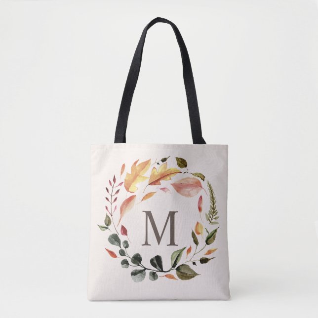 autumn feel elegant wreath monogram tote bag (Front)