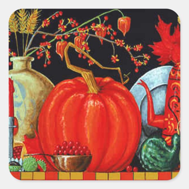 Autumn Festive Antique Painting Pumpkin Decoration Square Sticker (Front)