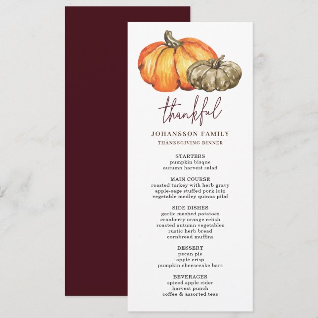 AUTUMN FESTIVE PUMPKINS THANKSGIVING DINNER MENU (Front/Back)