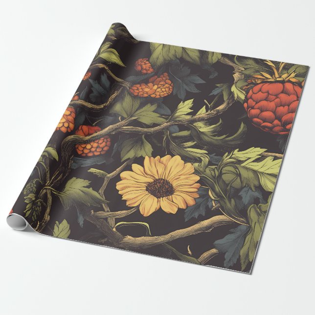Autumn Fire Botanical Floral Wrapping Paper (Unrolled)
