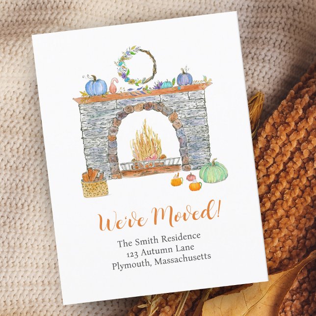 Autumn Fireplace, Pumpkins, Pumpkin Spice Moving  Announcement Postcard (Announce your move with the inviting charm of an autumn fireplace.)