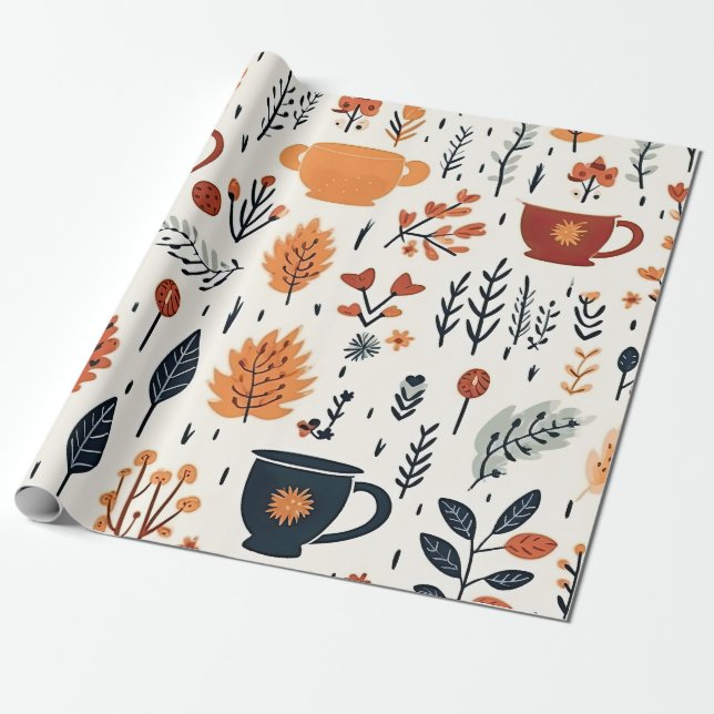 Autumn Flora with Cozy Mugs Wrapping Paper (Unrolled)