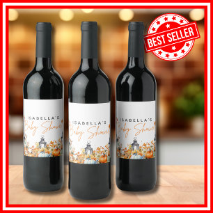 Autumn Floral A Little Pumpkin Baby Shower Wine Label