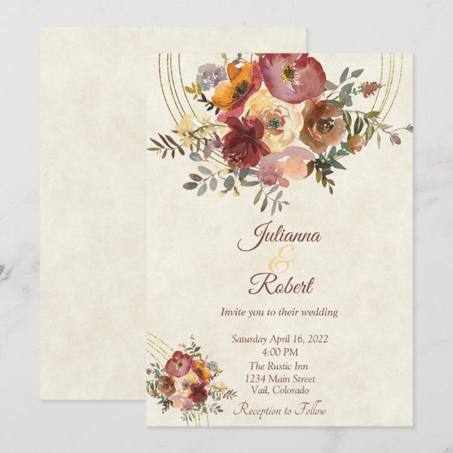 Autumn floral and gold custom wedding invitation (Front/Back)