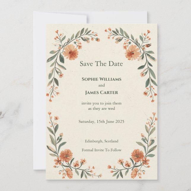 Autumn Floral Arch Save The Date Card (Front)
