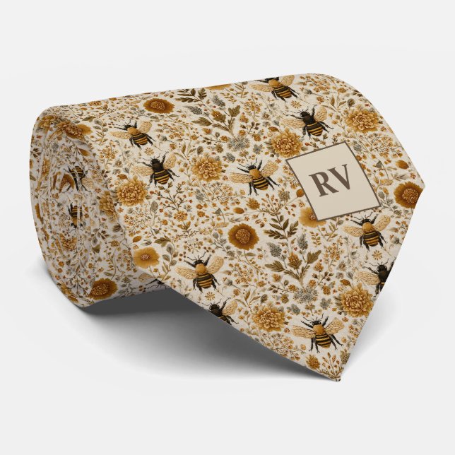 Autumn Floral Bee Personalized Tie (Rolled)