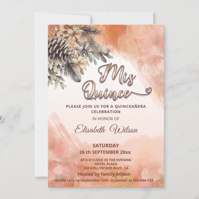 Autumn floral blushed cantaloupe watercolor quince invitation (Front)