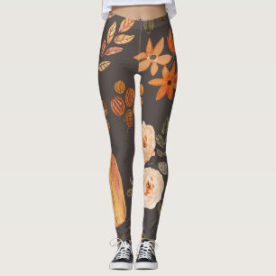 Autumn Floral Botanical Dark Charcoal Leggings