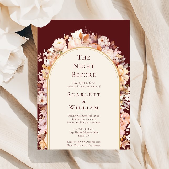 Autumn Floral Burgundy Arch Wedding Night Before Invitation (Creator Uploaded)