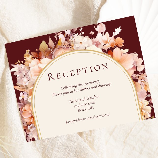 Autumn Floral Burgundy Cream Wedding Reception Enclosure Card (Creator Uploaded)