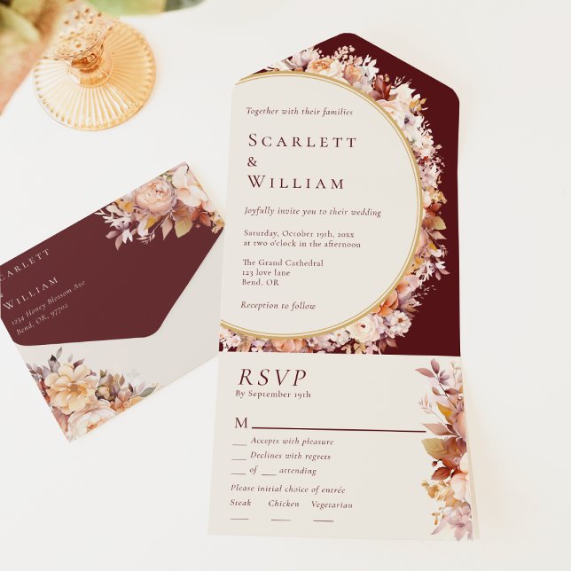 Autumn Floral Burgundy Menu Choice RSVP Wedding All In One Invitation (Creator Uploaded)