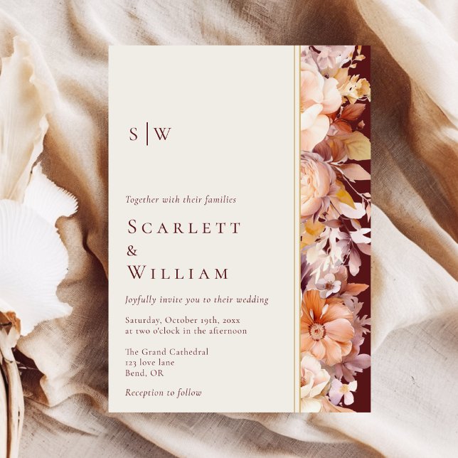 Autumn Floral Burgundy Modern Monogram Wedding Invitation (Creator Uploaded)