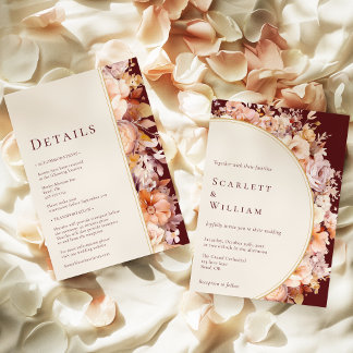 Autumn Floral Burgundy Modern Wedding All In One Invitation