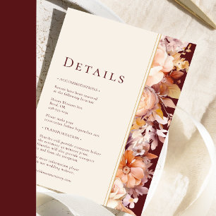 Autumn Floral Burgundy Modern Wedding Details Enclosure Card