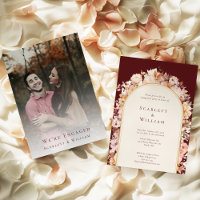 Autumn Floral Burgundy Simple Photo We're Engaged