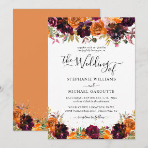 Autumn Floral Burnt Orange Gold Glitter Wedding Invitation