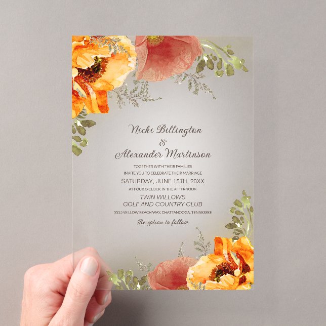 Autumn Floral Burnt Orange Rustic Wedding Acrylic Invitations (Insitu (Handheld))