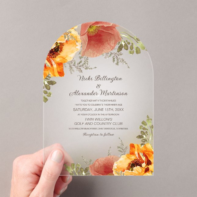 Autumn Floral Burnt Orange Rustic Wedding Acrylic Invitations (Insitu (Handheld))