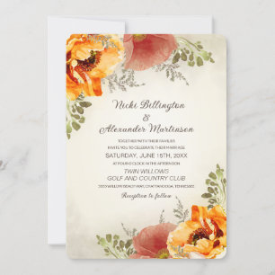 Autumn Floral Burnt Orange Rustic Wedding Invitation