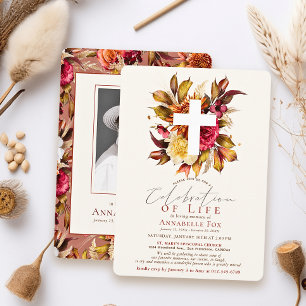Autumn Floral Cross Celebration of Life Funeral Invitation