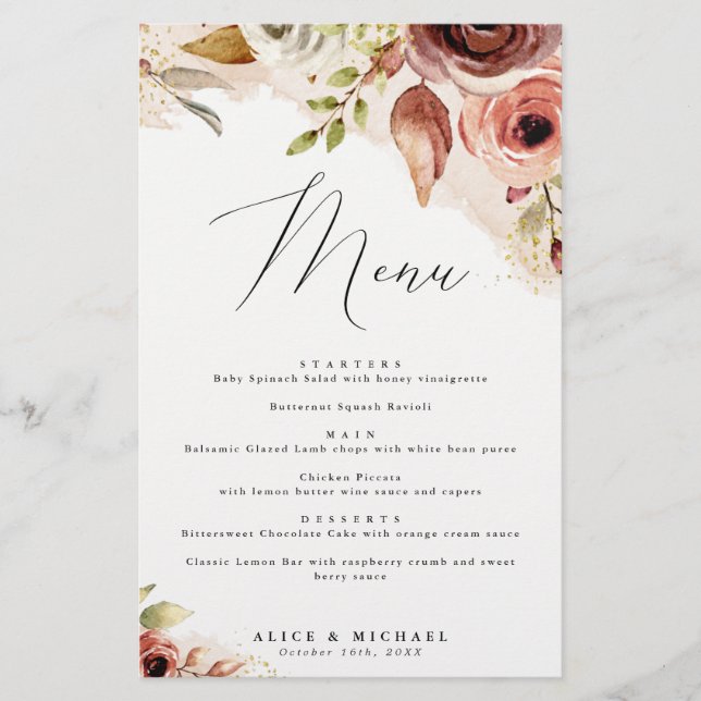 Autumn Floral, Fall Flowers Event Dinner Menu (Front)