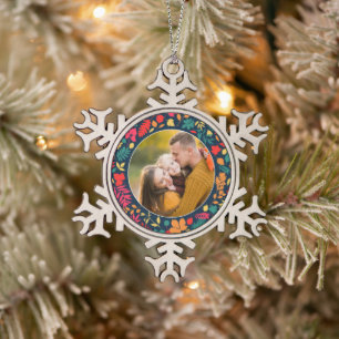 Autumn Floral Family Leaves Photo Snowflake Pewter Christmas Ornament