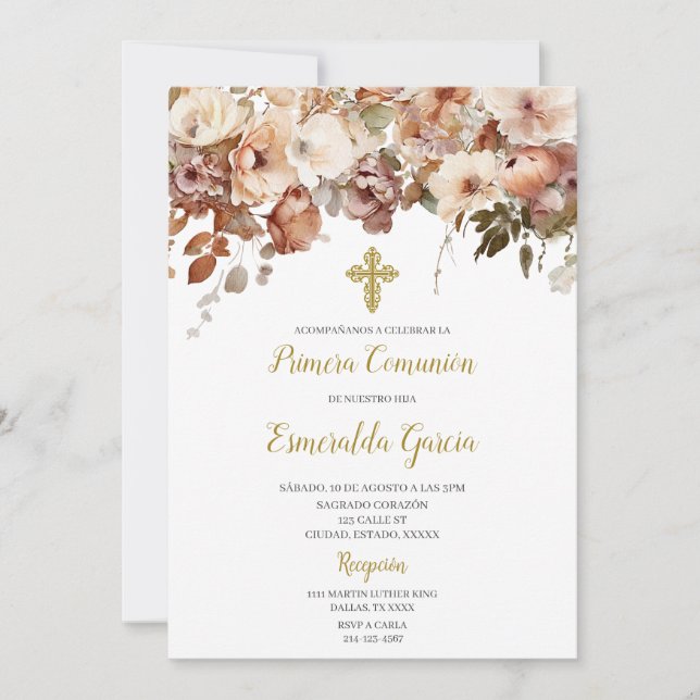 Autumn floral first comunion Invitation (Front)