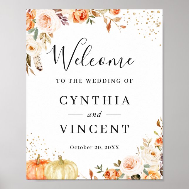 Autumn Floral Gold Confetti Wedding Welcome Sign (Front)