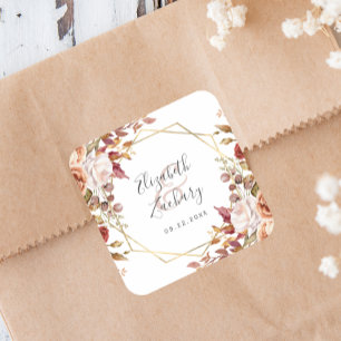 Autumn Floral Gold Geometric Fall Wedding Square Sticker
