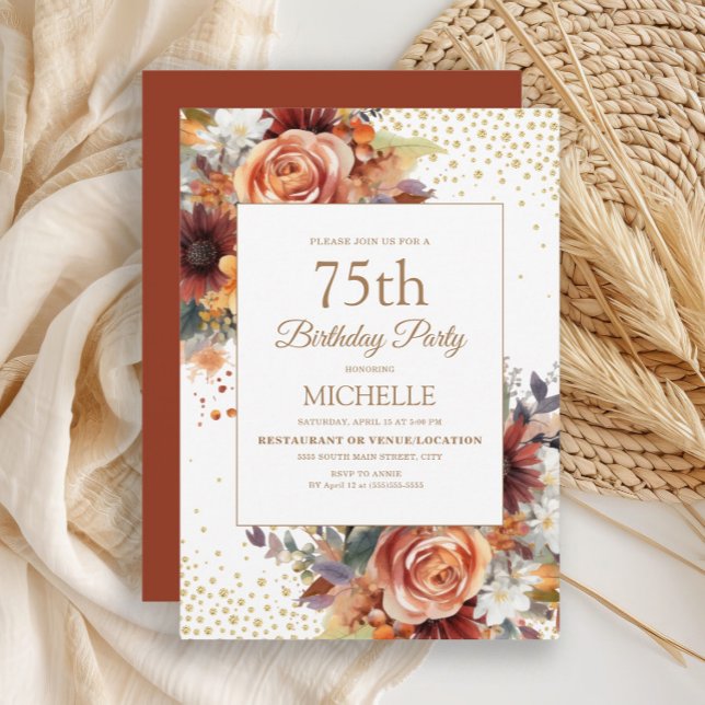 Autumn Floral Gold Glitter 75th Birthday Invitation (Rustic autumn floral, burnt orange and terracotta watercolor floral 75th birthday party invitation)