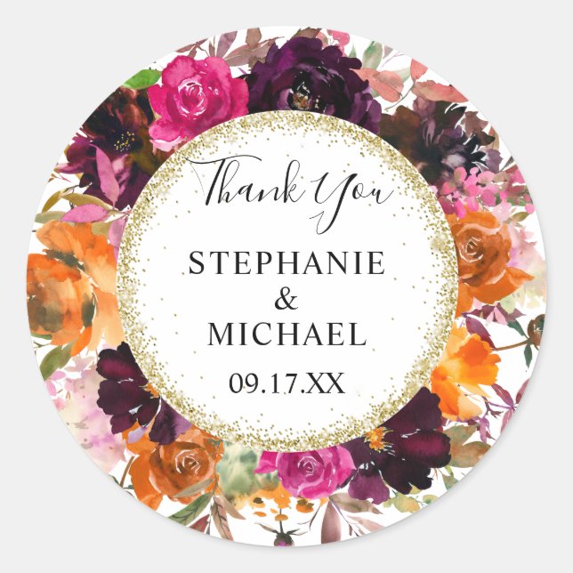 Autumn Floral Gold Glitter Wedding Thank You Classic Round Sticker (Front)