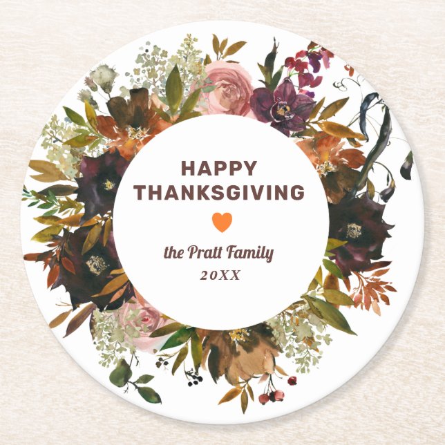 Autumn Floral Happy Thanksgiving Round Paper Coaster (Front)