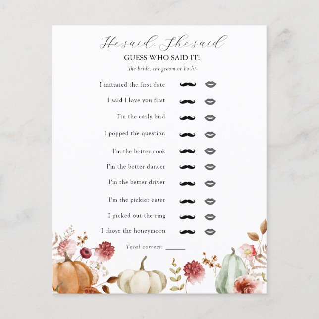 Autumn Floral He Said, She Said Bridal Shower Game (Front)
