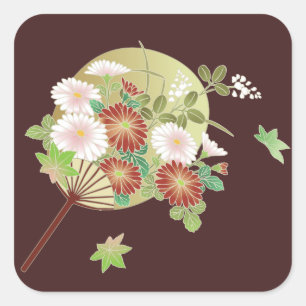 Autumn Floral Japanese Kimono Pattern Square Sticker