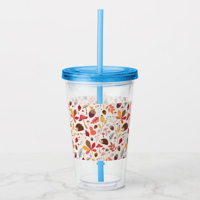 Autumn Floral Leaves and Hedgehog Pattern Acrylic Tumbler (Front)