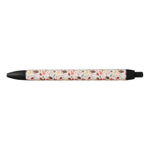 Autumn Floral Leaves and Hedgehog Pattern Black Ink Pen