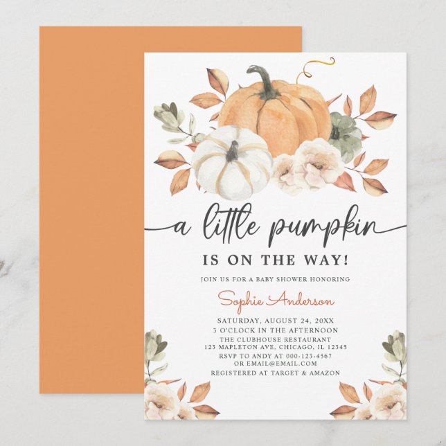 Autumn Floral Little Pumpkin Baby Shower Invitation (Front/Back)