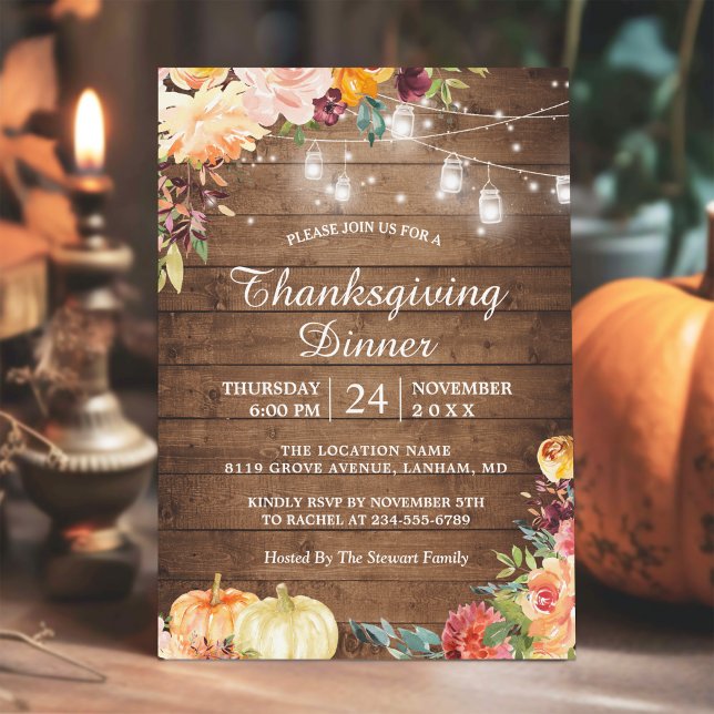Autumn Floral Mason Jar Lights Thanksgiving Dinner Invitation (Creator Uploaded)